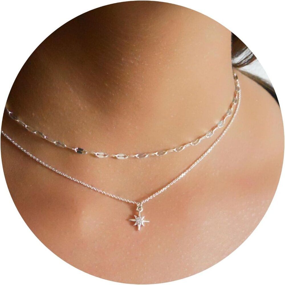Waterproof Sterling Silver North Star Pendant Necklace Gift - 15-17 Inch Length